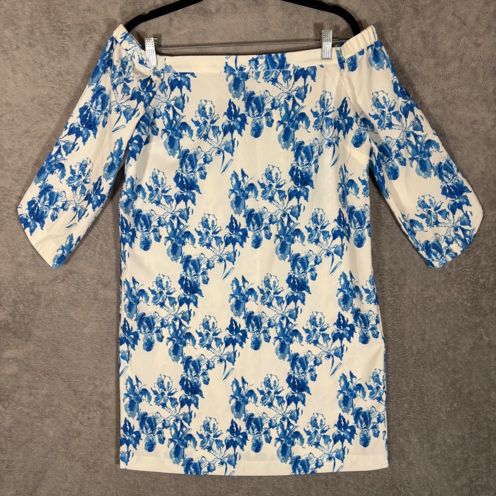 Neiman Marcus Blue White Floral Iris Off Shoulder Shift Dress Large Quiet Luxury